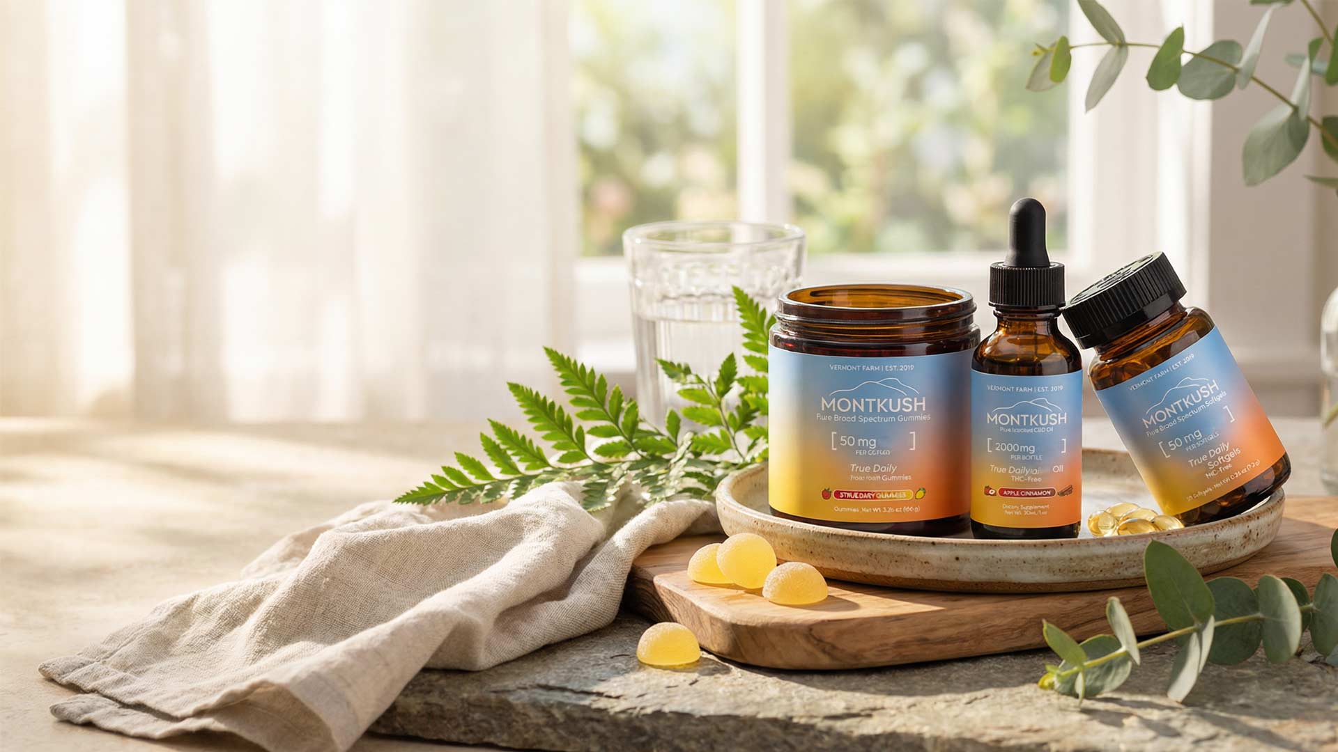 MONTK HEMP Hemp full spectrum wellness products in a sunlit setting